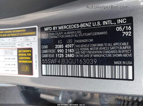 55SWF4JB3GU163039 2016 MERCEDES-BENZ C-CLASS Серебряный 