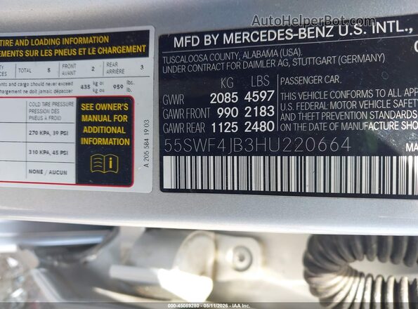 55SWF4JB3HU220664 2017 MERCEDES-BENZ C-CLASS Silver ძრავის განყოფილების ხედი