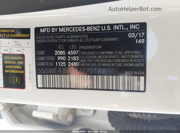 55SWF4JB4HU220186 2017 MERCEDES-BENZ C-CLASS White Շարժիչի բաժամունքի տեսք