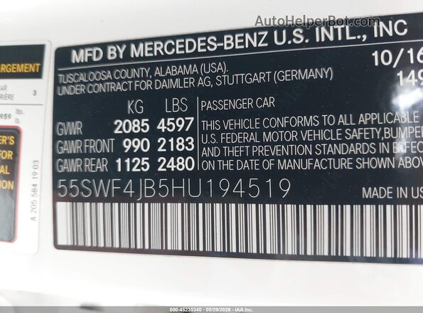 55SWF4JB5HU194519 2017 MERCEDES-BENZ C-CLASS White 