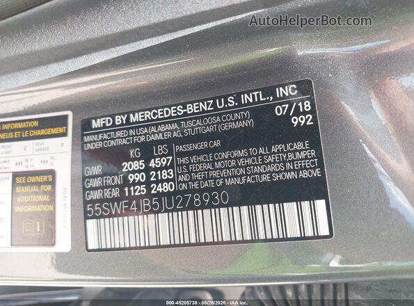55SWF4JB5JU278930 2018 MERCEDES-BENZ C-CLASS Gray Widok komory silnika