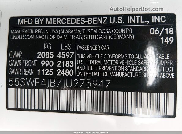 55SWF4JB7JU275947 2018 MERCEDES-BENZ C-CLASS White Widok komory silnika