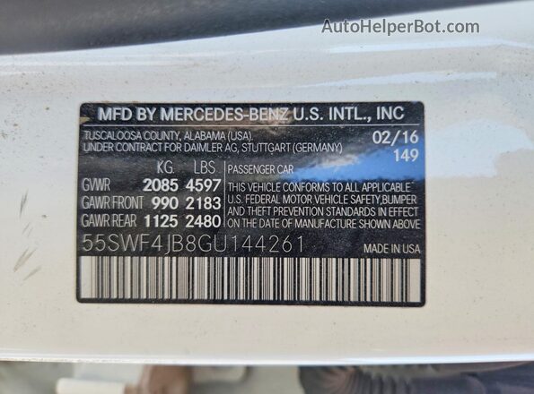 55SWF4JB8GU144261 2016 MERCEDES-BENZ C White 