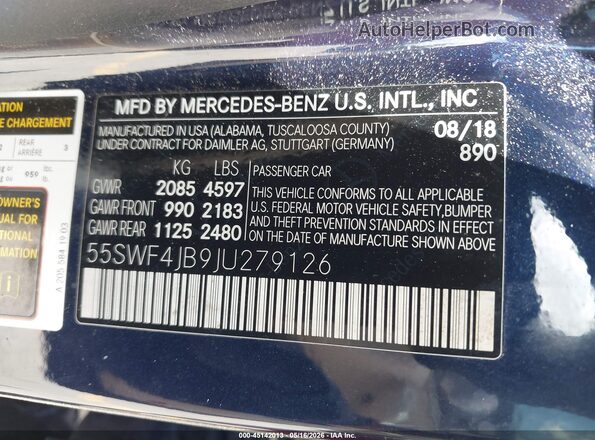 55SWF4JB9JU279126 2018 MERCEDES-BENZ C-CLASS Blue Vista del compartimento del motor