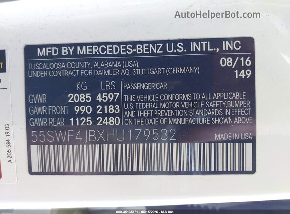 55SWF4JBXHU179532 2017 MERCEDES-BENZ C-CLASS White Շարժիչի բաժամունքի տեսք