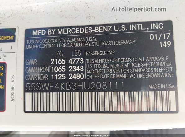 55SWF4KB3HU208111 2017 MERCEDES-BENZ C-CLASS White Вид підкапотного простору