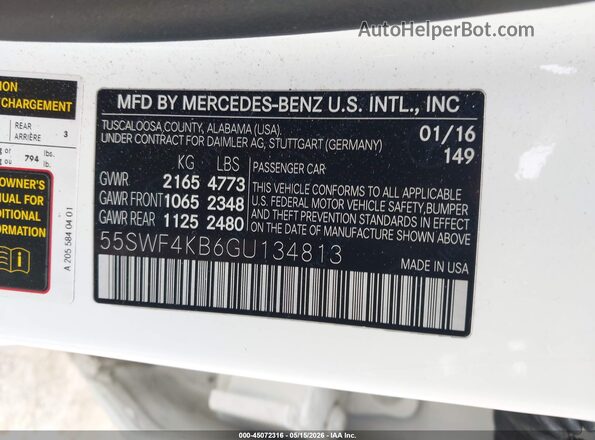 55SWF4KB6GU134813 2016 MERCEDES-BENZ C-CLASS White Շարժիչի բաժամունքի տեսք