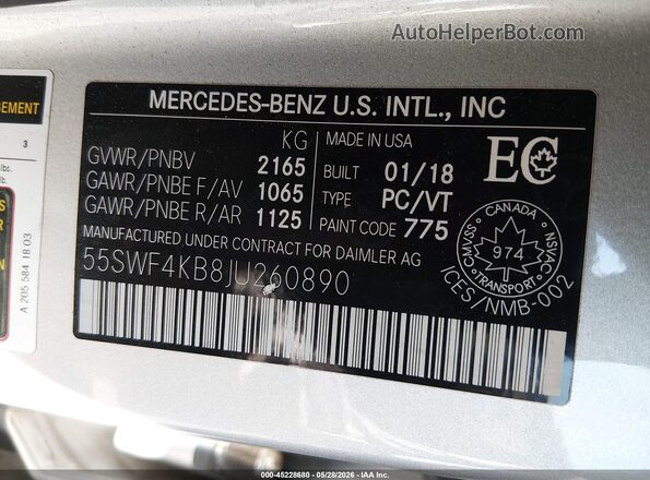 55SWF4KB8JU260890 2018 MERCEDES-BENZ C-CLASS Silver ძრავის განყოფილების ხედი