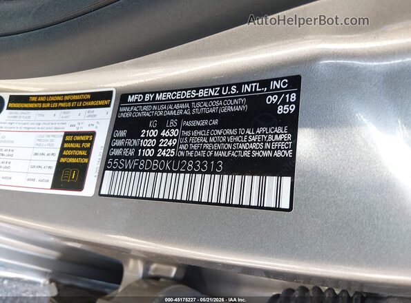 55SWF8DB0KU283313 2019 MERCEDES-BENZ C-CLASS Silver 