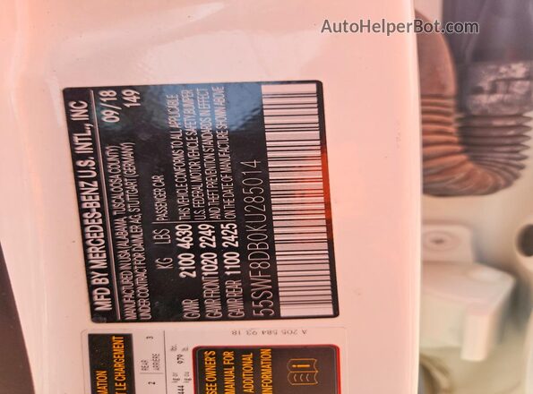 55SWF8DB0KU285014 2019 MERCEDES-BENZ C White Widok naklejki z numerem VIN