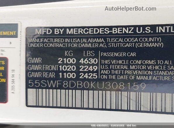 55SWF8DB0KU308159 2019 MERCEDES-BENZ C-CLASS White Vista del compartimento del motor