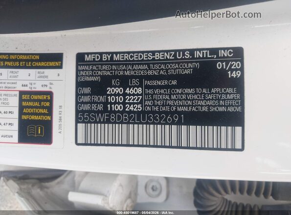 55SWF8DB2LU332691 2020 MERCEDES-BENZ C-CLASS White Вид підкапотного простору