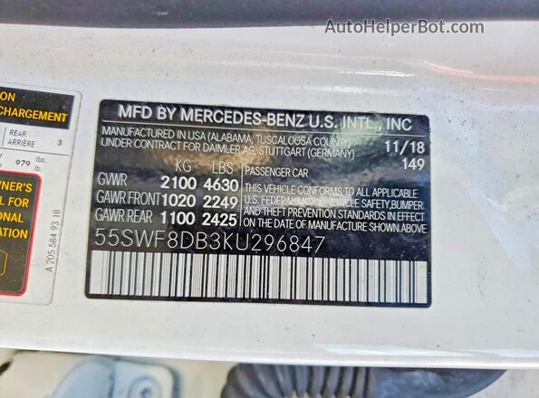 55SWF8DB3KU296847 2019 MERCEDES-BENZ C White VIN կոդի պիտակի տեսք