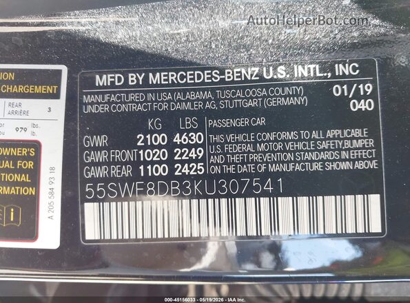 55SWF8DB3KU307541 2019 MERCEDES-BENZ C-CLASS Black ძრავის განყოფილების ხედი