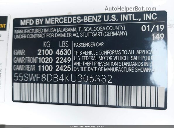 55SWF8DB4KU306382 2019 MERCEDES-BENZ C-CLASS White Engine compartment view