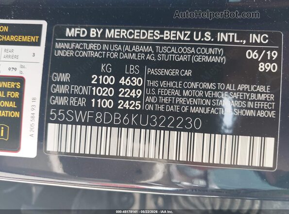 55SWF8DB6KU322230 2019 MERCEDES-BENZ C-CLASS Dark Blue ძრავის განყოფილების ხედი