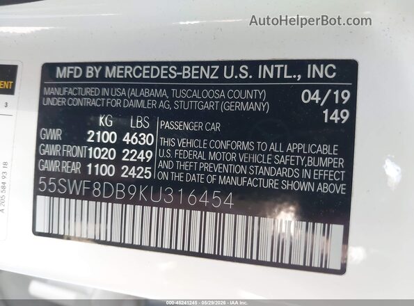 55SWF8DB9KU316454 2019 MERCEDES-BENZ C-CLASS White Շարժիչի բաժամունքի տեսք