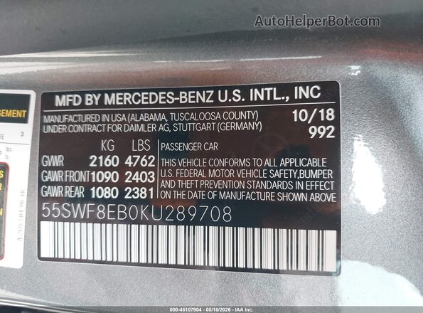 55SWF8EB0KU289708 2019 MERCEDES-BENZ C-CLASS Gray Widok komory silnika