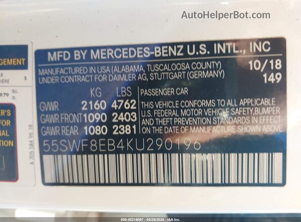 55SWF8EB4KU290196 2019 MERCEDES-BENZ C-CLASS White ძრავის განყოფილების ხედი