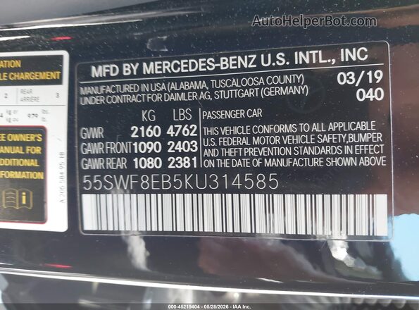55SWF8EB5KU314585 2019 MERCEDES-BENZ C-CLASS Black Շարժիչի բաժամունքի տեսք