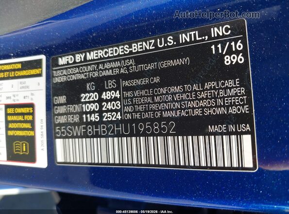 55SWF8HB2HU195852 2017 MERCEDES-BENZ AMG C 63 Blue Widok komory silnika