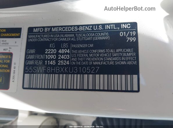 55SWF8HBXKU310527 2019 MERCEDES-BENZ AMG C 63 White Вид підкапотного простору