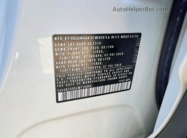3VV2B7AX5LM114005 2020 VOLKSWAGEN TIGUAN White Вид задньої частини салону