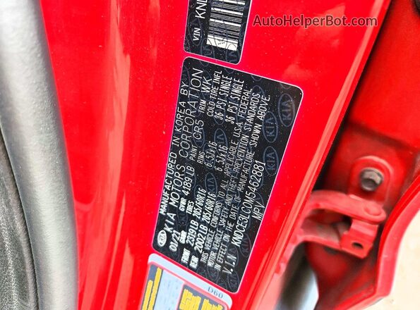 KNDCE3LC0M5462881 2021 KIA NIRO Red VIN კოდის სტიკერის ხედი