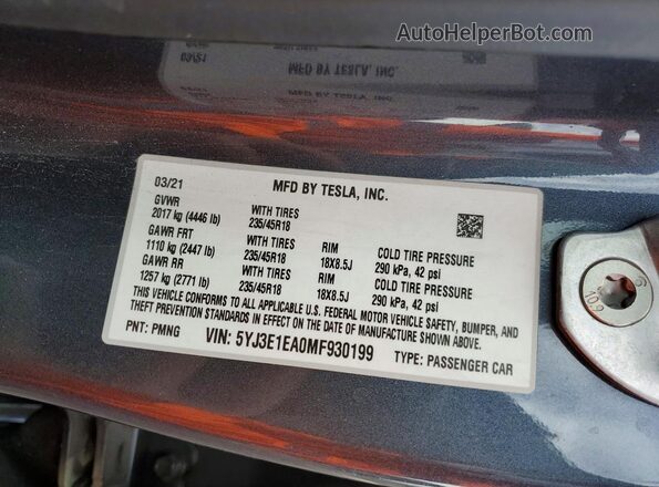 5YJ3E1EA0MF930199 2021 TESLA MODEL Серый 