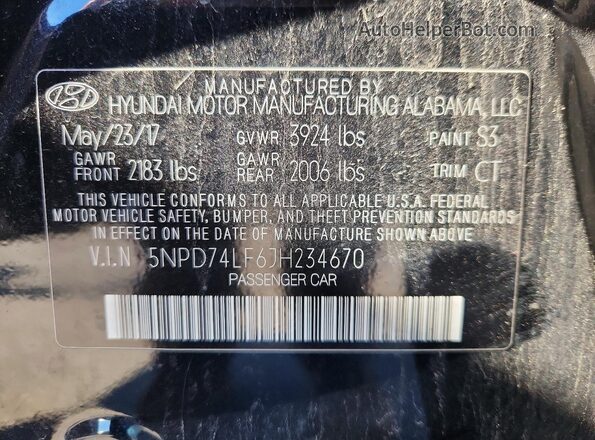 5NPD74LF6JH234670 2018 HYUNDAI ELANTRA Black Widok komory silnika