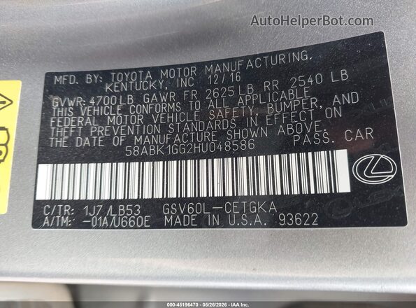 58ABK1GG2HU048586 2017 LEXUS ES 350 Gray Vista del compartimento del motor