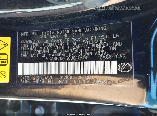 58ABK1GG5GU014513 2016 LEXUS ES 350 Black Widok komory silnika