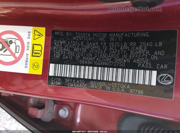 58ABK1GGXHU072750 2017 LEXUS ES 350 Burgundy 