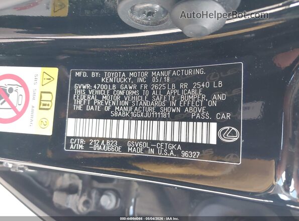 58ABK1GGXJU111181 2018 LEXUS ES 350 Black Vista del compartimento del motor
