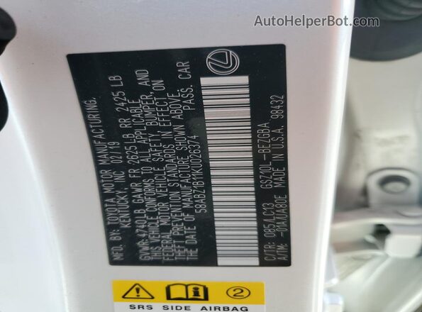 58ABZ1B11KU026374 2019 LEXUS ES White 
