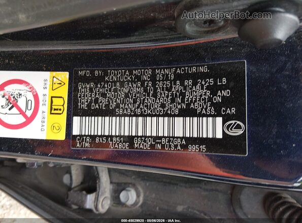 58ABZ1B13KU037408 2019 LEXUS ES 350 Black Engine compartment view