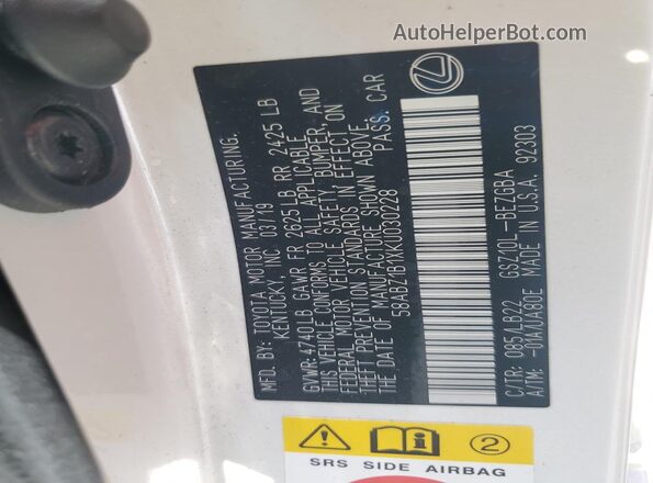 58ABZ1B1XKU030228 2019 LEXUS ES White Вид підкапотного простору