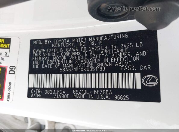 58ABZ1B1XKU051189 2019 LEXUS ES 350 White Widok komory silnika