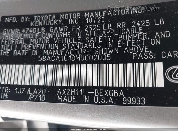 58ACA1C18MU002005 2021 LEXUS ES 300H Gray Engine compartment view