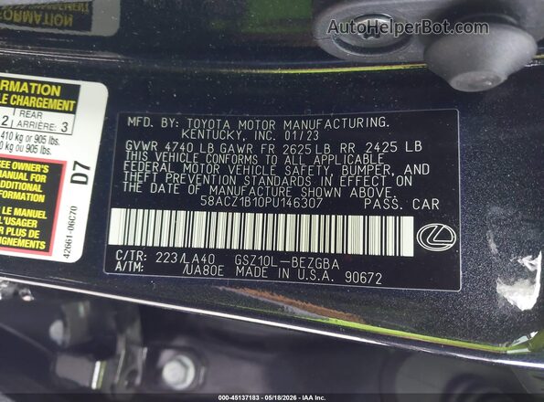 58ACZ1B10PU146307 2023 LEXUS ES 350 Black ძრავის განყოფილების ხედი