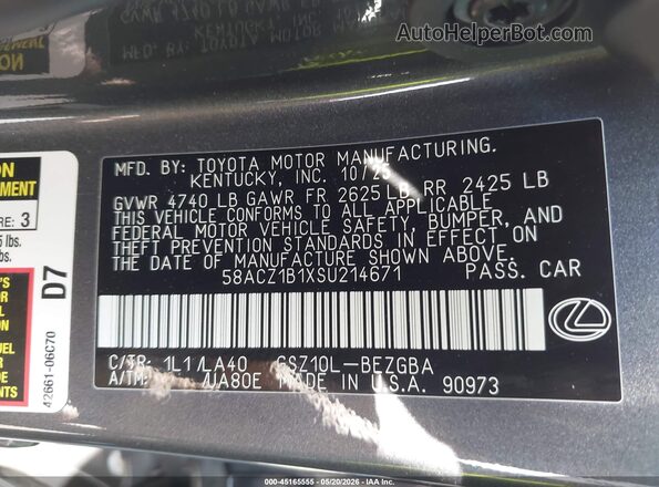 58ACZ1B1XSU214671 2025 LEXUS ES 350 Gray Engine compartment view