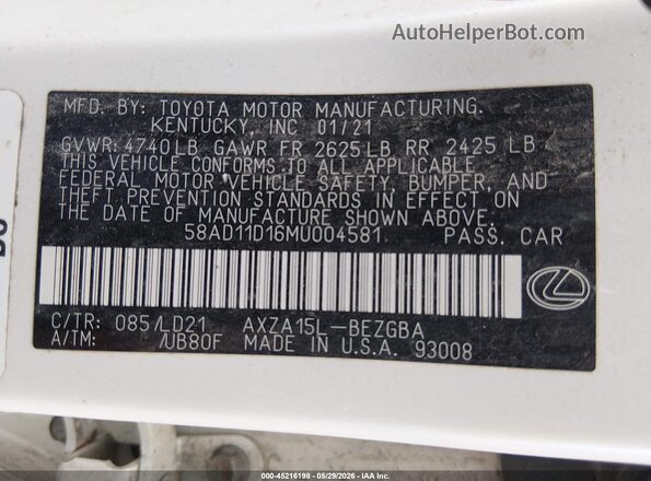 58AD11D16MU004581 2021 LEXUS ES 250 White Widok komory silnika