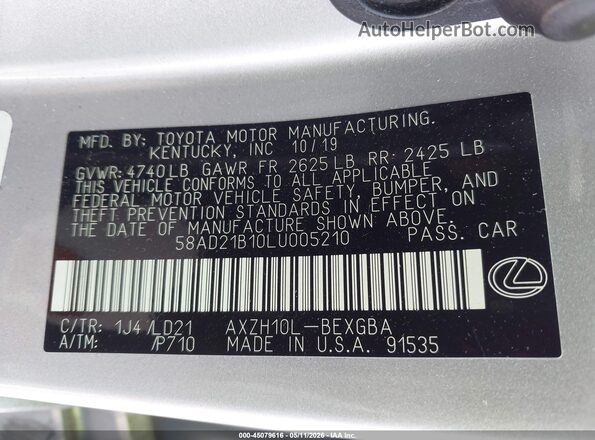58AD21B10LU005210 2020 LEXUS ES 300H Silver Engine compartment view