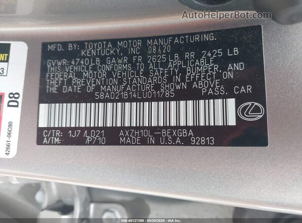 58AD21B14LU011785 2020 LEXUS ES 300H Gray Շարժիչի բաժամունքի տեսք