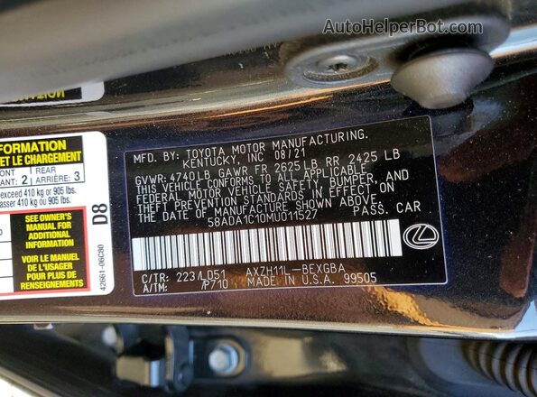 58ADA1C10MU011527 2021 LEXUS ES Black ძრავის განყოფილების ხედი