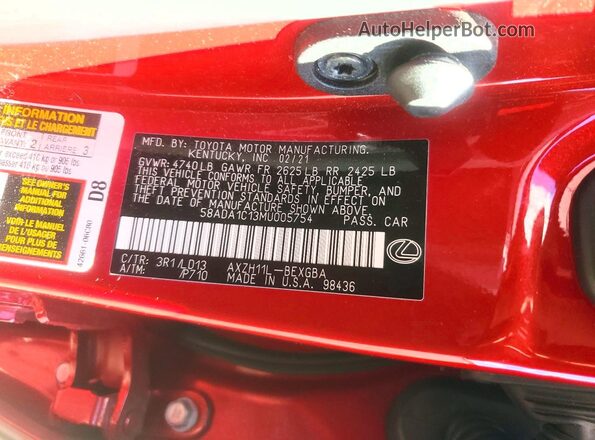 58ADA1C13MU005754 2021 LEXUS ES Red 