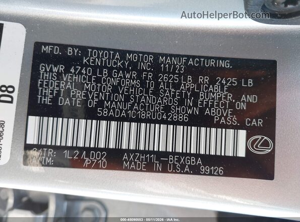 58ADA1C18RU042886 2024 LEXUS ES 300H Silver Vista del compartimento del motor