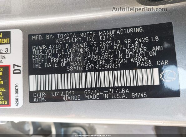 58ADZ1B10MU096931 2021 LEXUS ES 350 Silver ძრავის განყოფილების ხედი