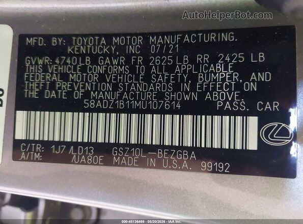 58ADZ1B11MU107614 2021 LEXUS ES 350 Pewter Vista del compartimento del motor