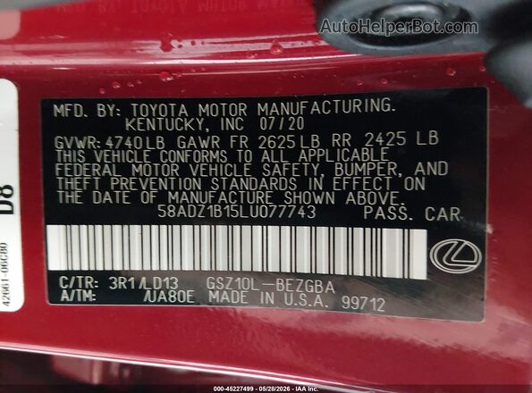 58ADZ1B15LU077743 2020 LEXUS ES 350 Красный Вид подкапотного пространства